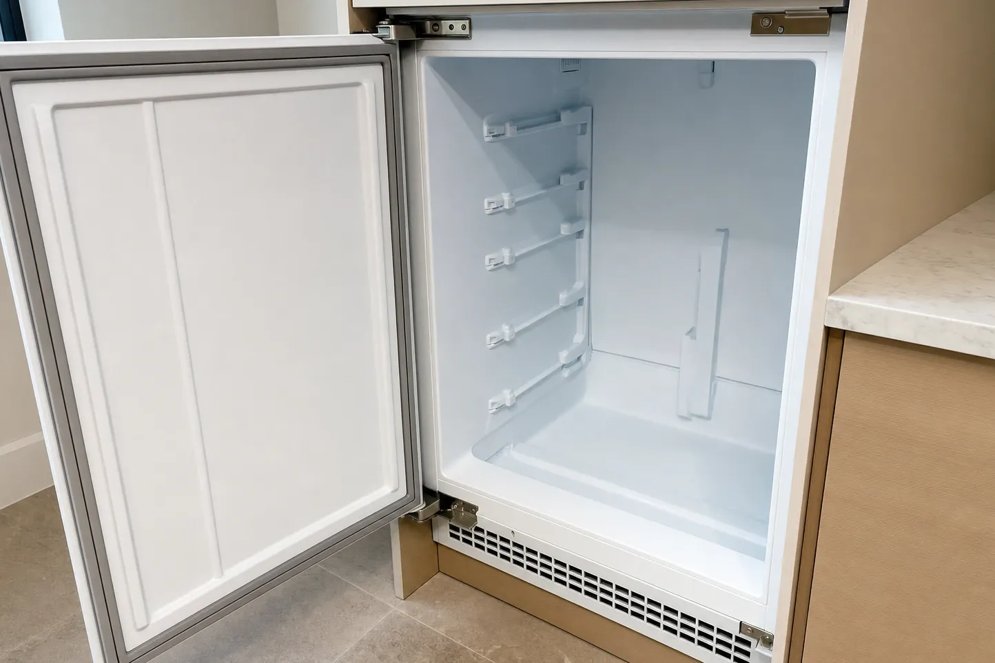 Undercounter refrigerator built into a wood-panel cabinet run, door swung open on an empty white liner