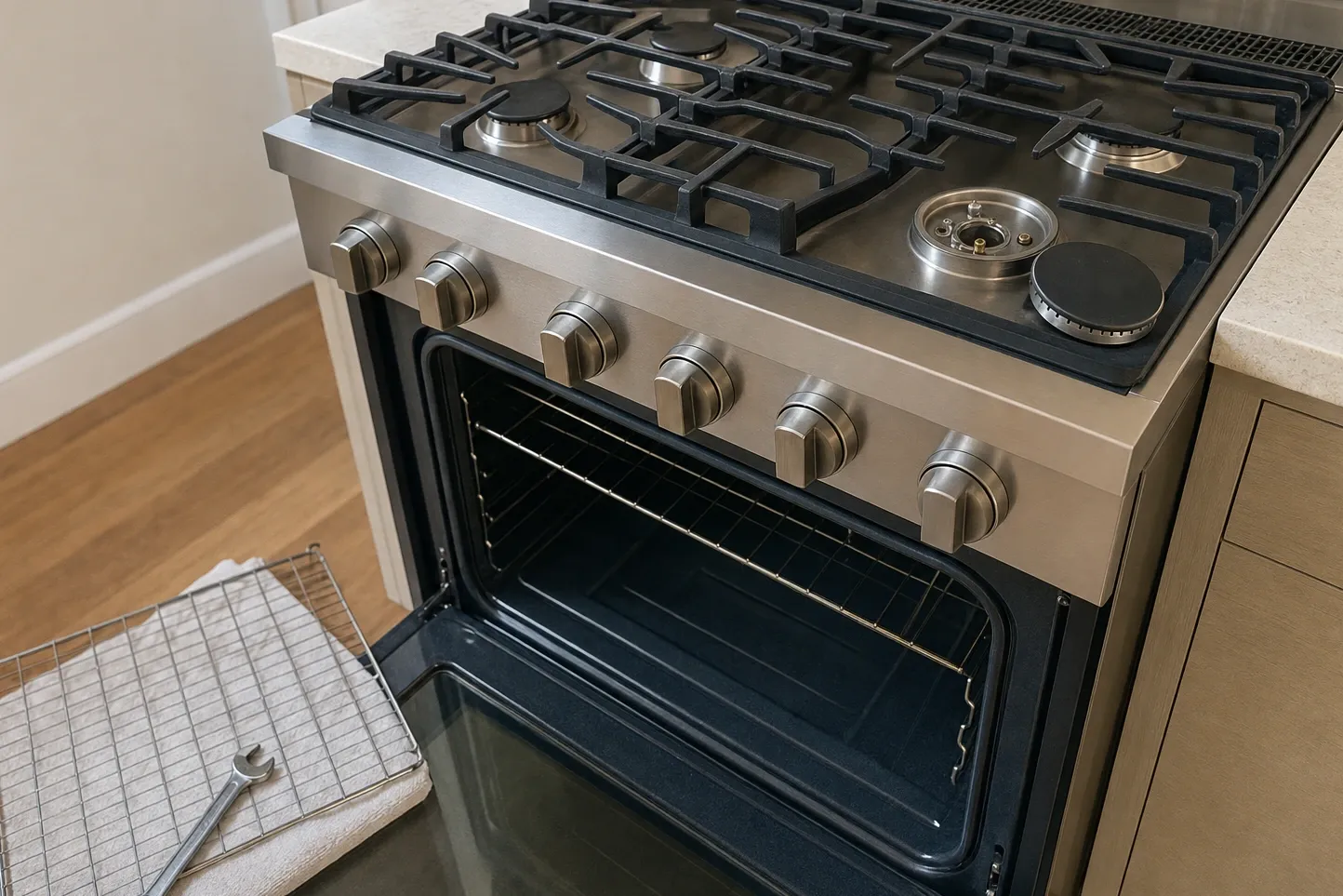 Professional gas range with one burner cap lifted off the burner head, oven door open and a wrench on the floor