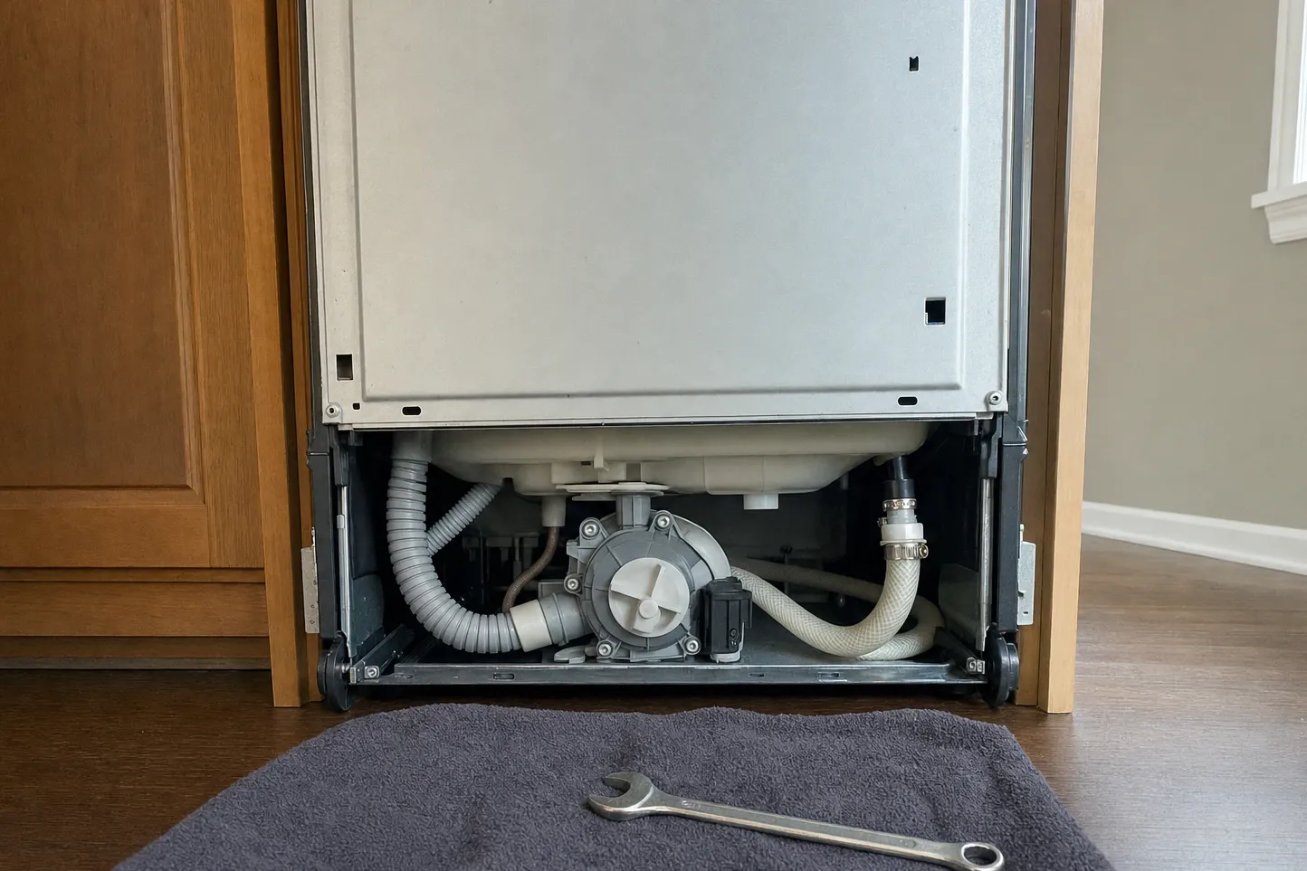 Dishwasher pulled from its cabinet opening with the lower panel off, drain pump, drain hose and fill hose exposed